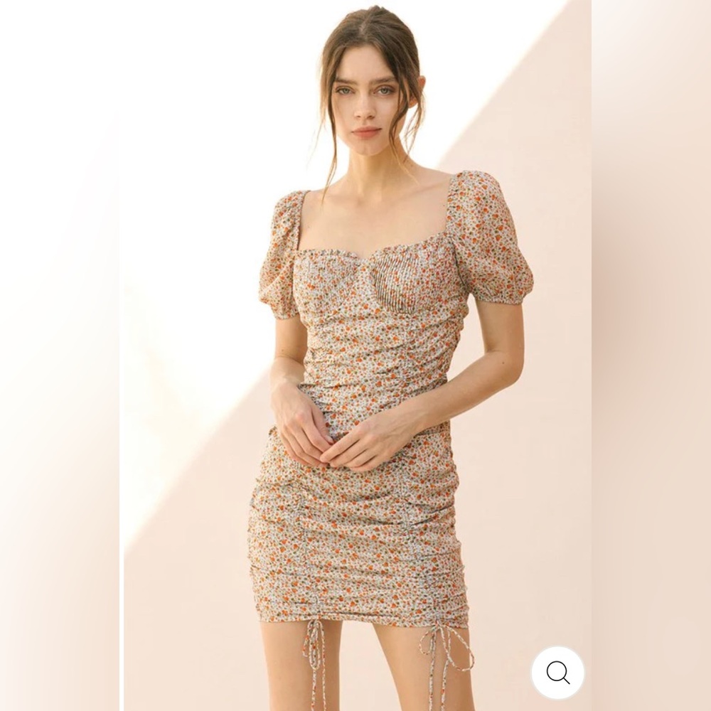 Floral Ruched Mini Dress Small Puff Sleeve Bodycon Red